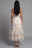 Robe d'invitée de mariage midi champagne tulle ligne A décolleté cœur appliquée