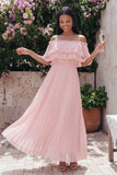 Robe maskini plissée plissée en tulle rose épaule dénudée avec volants