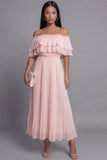 Robe maskini plissée plissée en tulle rose épaule dénudée avec volants
