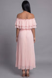 Robe maskini plissée plissée en tulle rose épaule dénudée avec volants