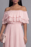 Robe maskini plissée plissée en tulle rose épaule dénudée avec volants