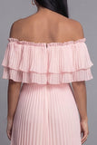 Robe maskini plissée plissée en tulle rose épaule dénudée avec volants