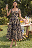 Robe noire midi fleur jacquard à col carré et fronce, ligne en A