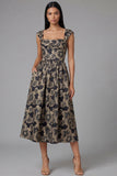 Robe noire midi fleur jacquard à col carré et fronce, ligne en A