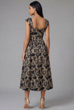 Robe noire midi fleur jacquard à col carré et fronce, ligne en A