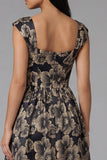 Robe noire midi fleur jacquard à col carré et fronce, ligne en A