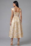 Robe noire midi fleur jacquard à col carré et fronce, ligne en A