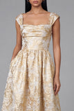 Robe noire midi fleur jacquard à col carré et fronce, ligne en A