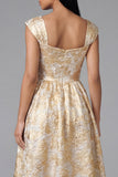 Robe noire midi fleur jacquard à col carré et fronce, ligne en A