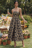 Robe noire midi fleur Jacquard fleuronnée sans bretelles