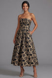 Robe noire midi fleur Jacquard fleuronnée sans bretelles
