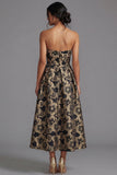 Robe noire midi fleur Jacquard fleuronnée sans bretelles
