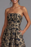 Robe noire midi fleur Jacquard fleuronnée sans bretelles