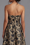 Robe noire midi fleur Jacquard fleuronnée sans bretelles