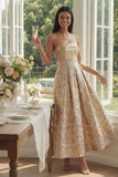 Robe noire midi fleur Jacquard fleuronnée sans bretelles