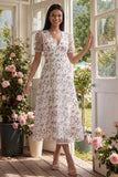 Robe midi fleur rose blanche en tulle à col en V à manches courtes