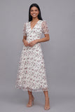 Robe midi fleur rose blanche en tulle à col en V à manches courtes