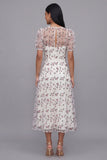 Robe midi fleur rose blanche en tulle à col en V à manches courtes