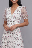 Robe midi fleur rose blanche en tulle à col en V à manches courtes