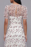 Robe midi fleur rose blanche en tulle à col en V à manches courtes