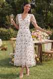 Robe midi fleur rose blanche en tulle à col en V à manches courtes