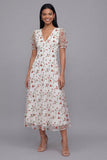 Robe midi fleur rose blanche en tulle à col en V à manches courtes