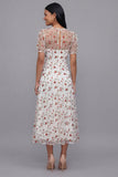 Robe midi fleur rose blanche en tulle à col en V à manches courtes