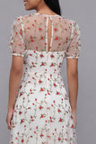 Robe midi fleur rose blanche en tulle à col en V à manches courtes