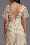Robe d'invitée de mariage champagne tulle brodé col V manches fluides imprimé floral