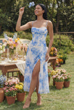 Corset en chiffon à fleurs blanches bleues froncées avec robe midi avec fente