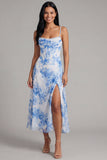 Corset en chiffon à fleurs blanches bleues froncées avec robe midi avec fente