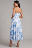 Corset en chiffon à fleurs blanches bleues froncées avec robe midi avec fente