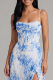 Corset en chiffon à fleurs blanches bleues froncées avec robe midi avec fente