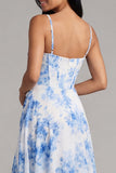 Corset en chiffon à fleurs blanches bleues froncées avec robe midi avec fente