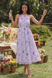 Robe midi fleur à fourreau froncé à col lilas en chiffon et nœud