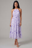 Robe midi fleur à fourreau froncé à col lilas en chiffon et nœud