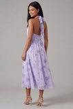 Robe midi fleur à fourreau froncé à col lilas en chiffon et nœud