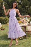 Robe midi fleur à fourreau froncé à col lilas en chiffon et nœud
