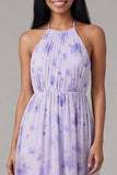 Robe midi fleur à fourreau froncé à col lilas en chiffon et nœud