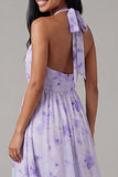 Robe midi fleur à fourreau froncé à col lilas en chiffon et nœud