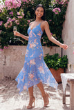 Robe midi asymétrique en chiffon fleuri à motifs de fourreau bleu