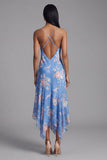Robe midi asymétrique en chiffon fleuri à motifs de fourreau bleu