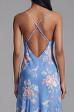 Robe midi asymétrique en chiffon fleuri à motifs de fourreau bleu