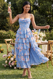 Corset à fourreau bleu robe midi à étages à motifs floraux en chiffon froncé avec fente