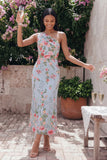Robe midi fleurie en tulle à une épaule à fourreau et en tulle à fleurs bleu rose