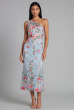 Robe midi fleurie en tulle à une épaule à fourreau et en tulle à fleurs bleu rose