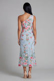 Robe midi fleurie en tulle à une épaule à fourreau et en tulle à fleurs bleu rose