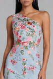 Robe midi fleurie en tulle à une épaule à fourreau et en tulle à fleurs bleu rose