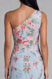 Robe midi fleurie en tulle à une épaule à fourreau et en tulle à fleurs bleu rose