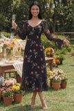 Robe midi fleurie imprimée en tulle noir à col en V et manches longues